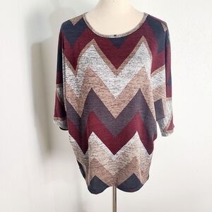 Chevron Patterned Batwing Top in Burgundy, Tan & Navy, Size Medium